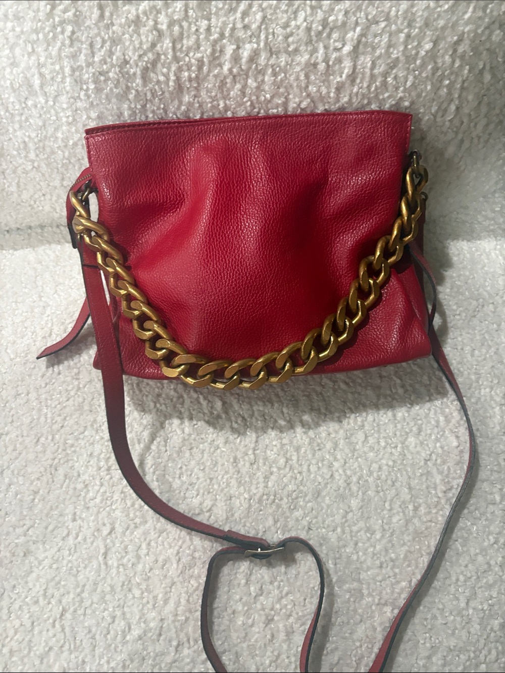 Red Leather Crossbody with Bold Gold Chain